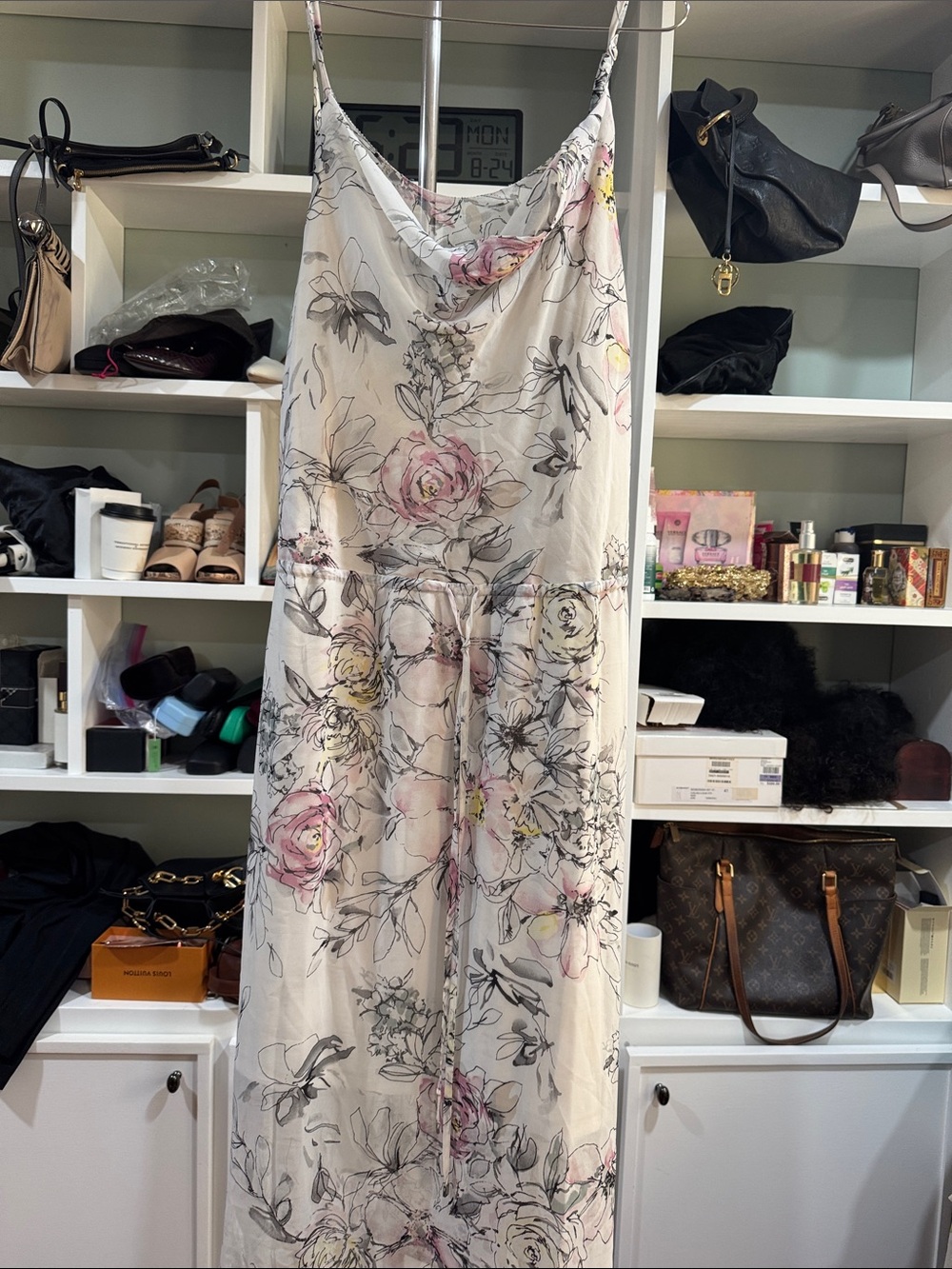 White House Black Market Floral Midi Dress in Cream, Pink and Gray